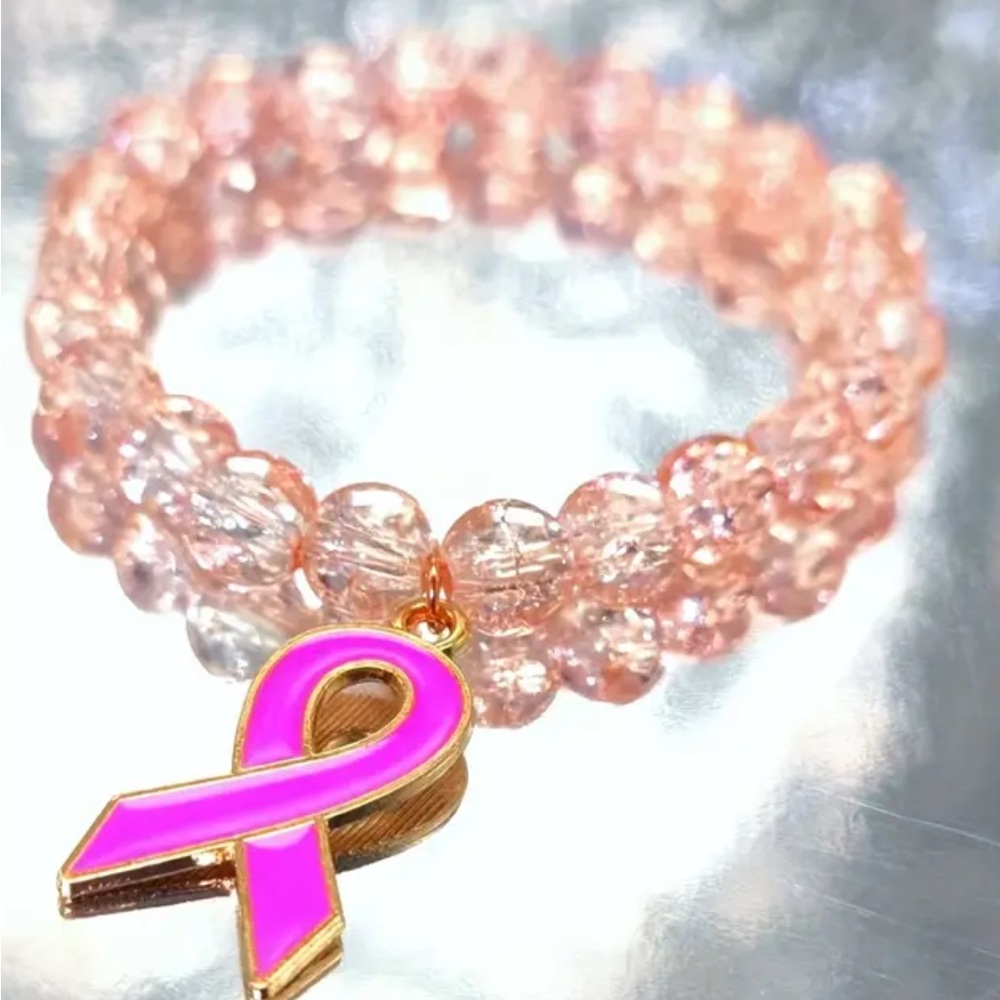 Breast Cancer Awareness elastic beaded charm bracelet